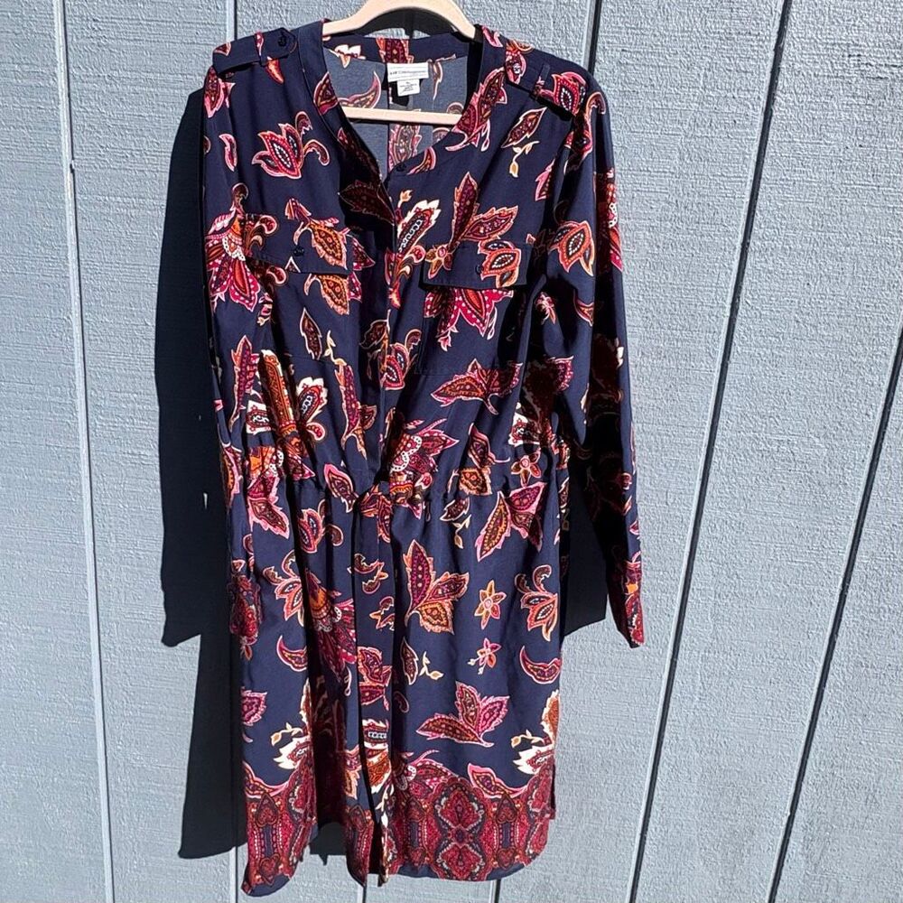 Liz Claiborne Retro Boho Shirt Dress Paisley Navy Womens XL Office Chic